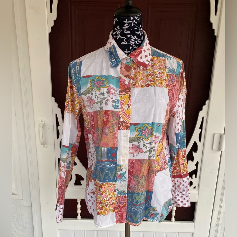Kim Rogers Women’s Button Up Patchwork Paisley Design Top Size Medium